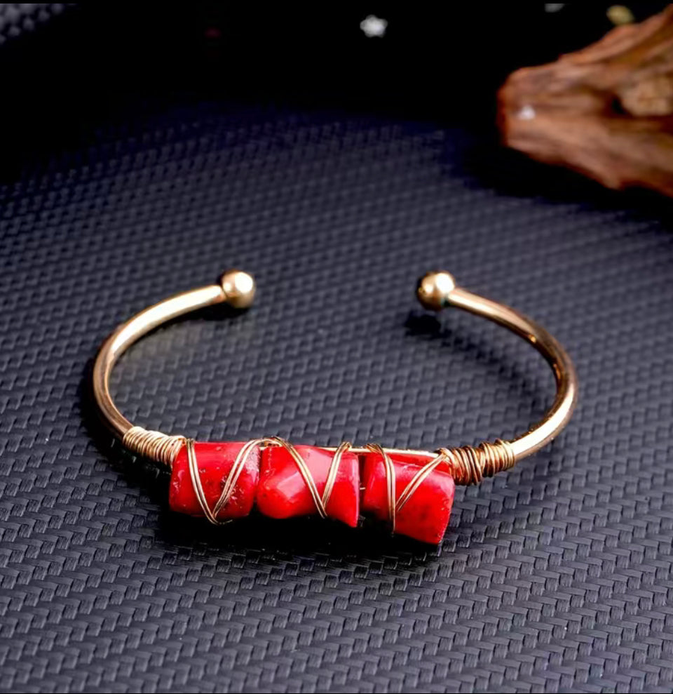 Natural Red Garnet Bracelet with Copper Wire Entwined