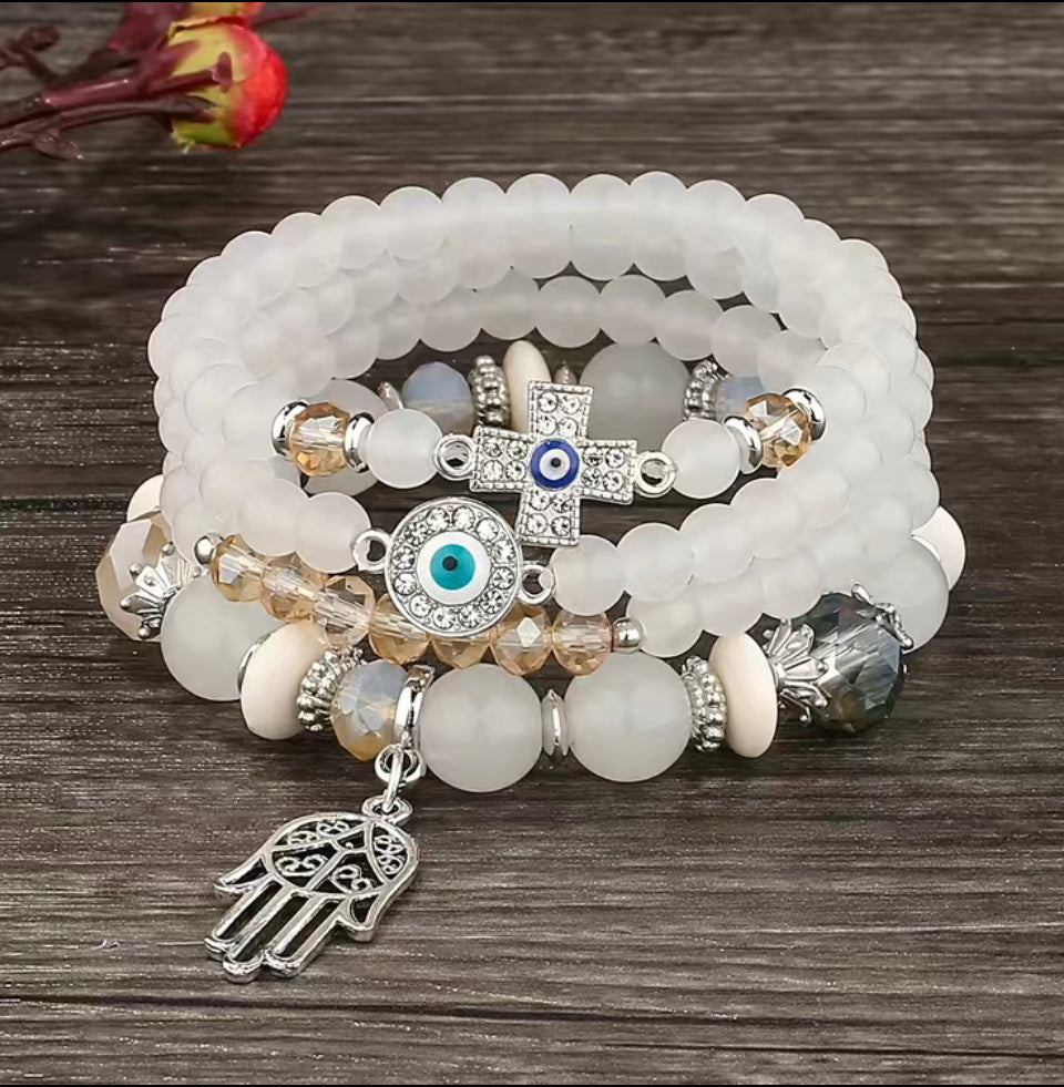 Evil Eye Bohemian Cross Pendant, White Multilayer Stone Bracelet