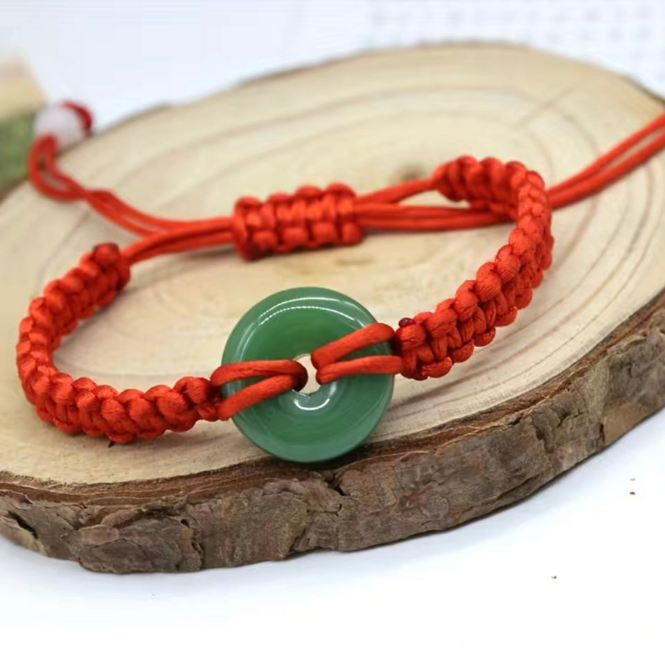 Green Jade Peace Buckle and Red Rope Woven Bracelet