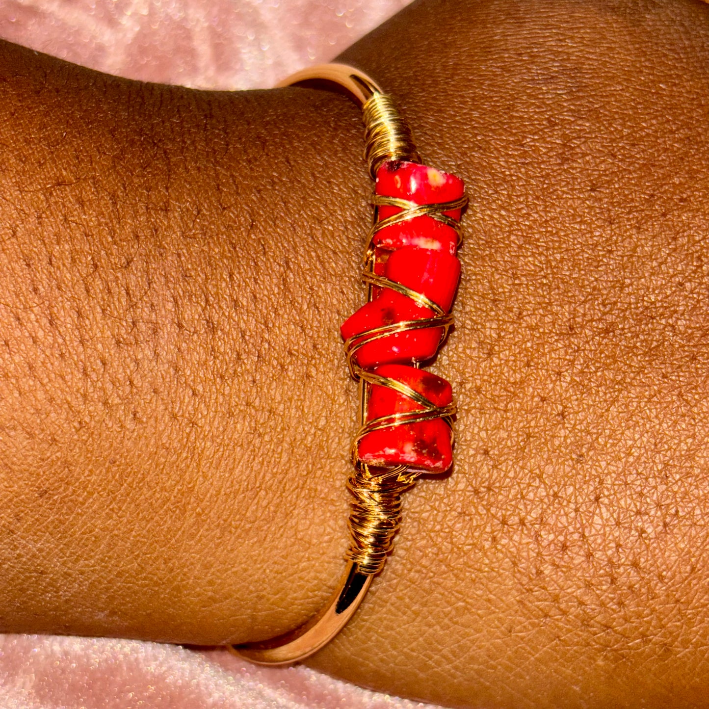 Natural Red Garnet Bracelet with Copper Wire Entwined